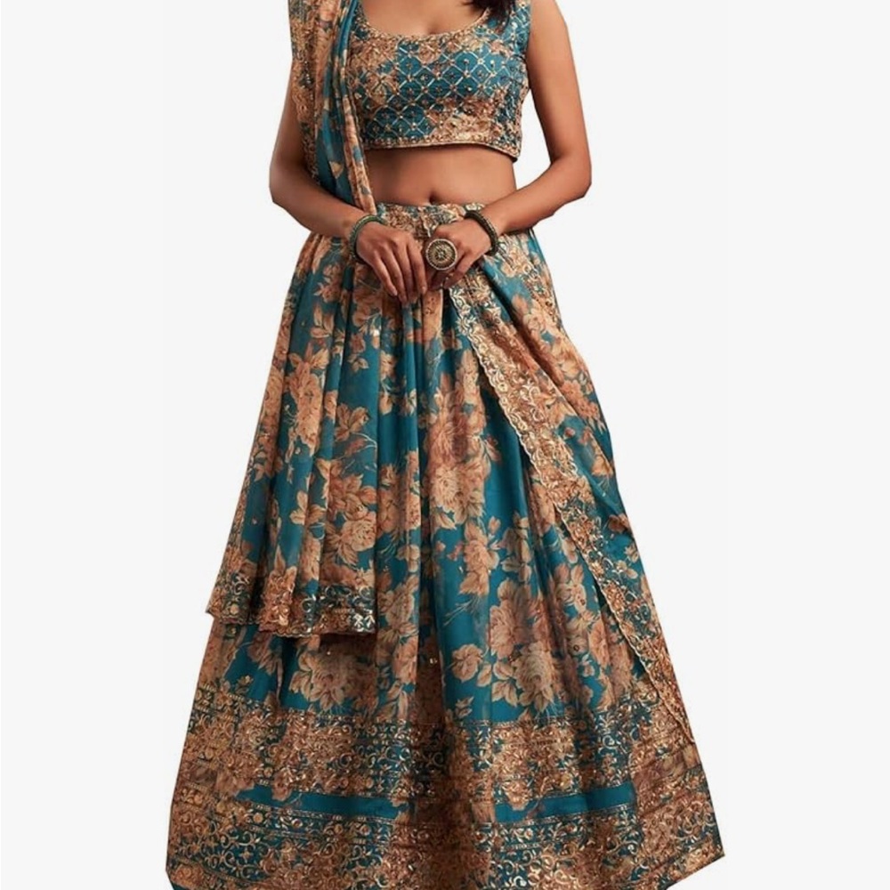 Elegant Floral Teal Lehenga
